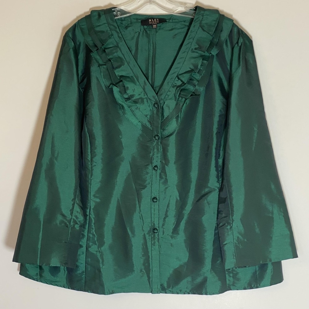 Alex‎ Marie Top Womens 18W Green Ruffle V Neck Button Front Long Sleeve Taffeta